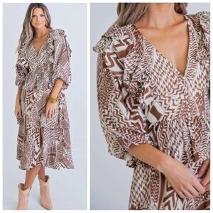 Karlie Tribal Brown and White Patterned Print Midi Dress Size Large